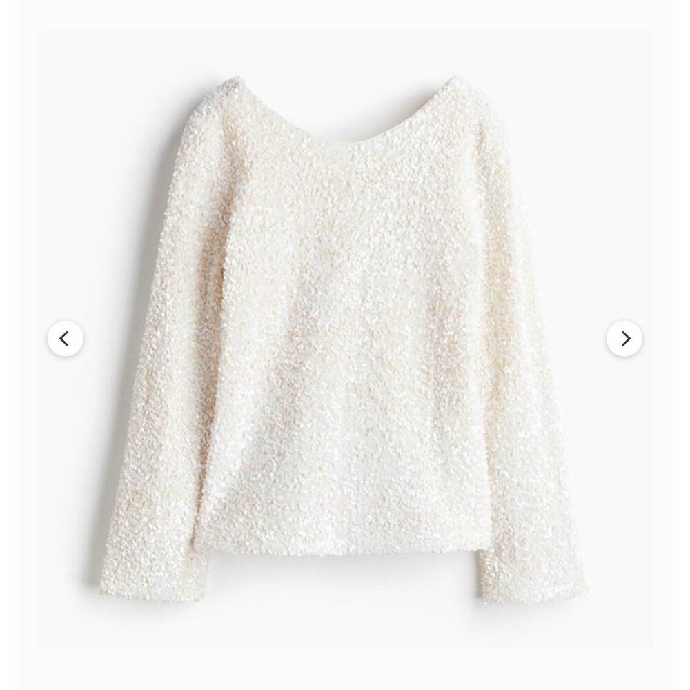 H&M Cream Sequin Textured Blouse, Back V neck Long Sleeve Party Top Sz M/L